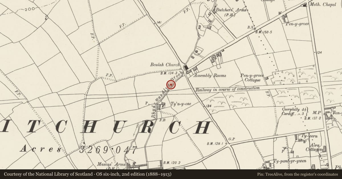 Ordnance Survey six-inch map, 2nd edition (1888–1913) covering the location of Telephone box in Pen-y-dre, Rhiwbina, Cardiff, with a pin at the register's coordinates
