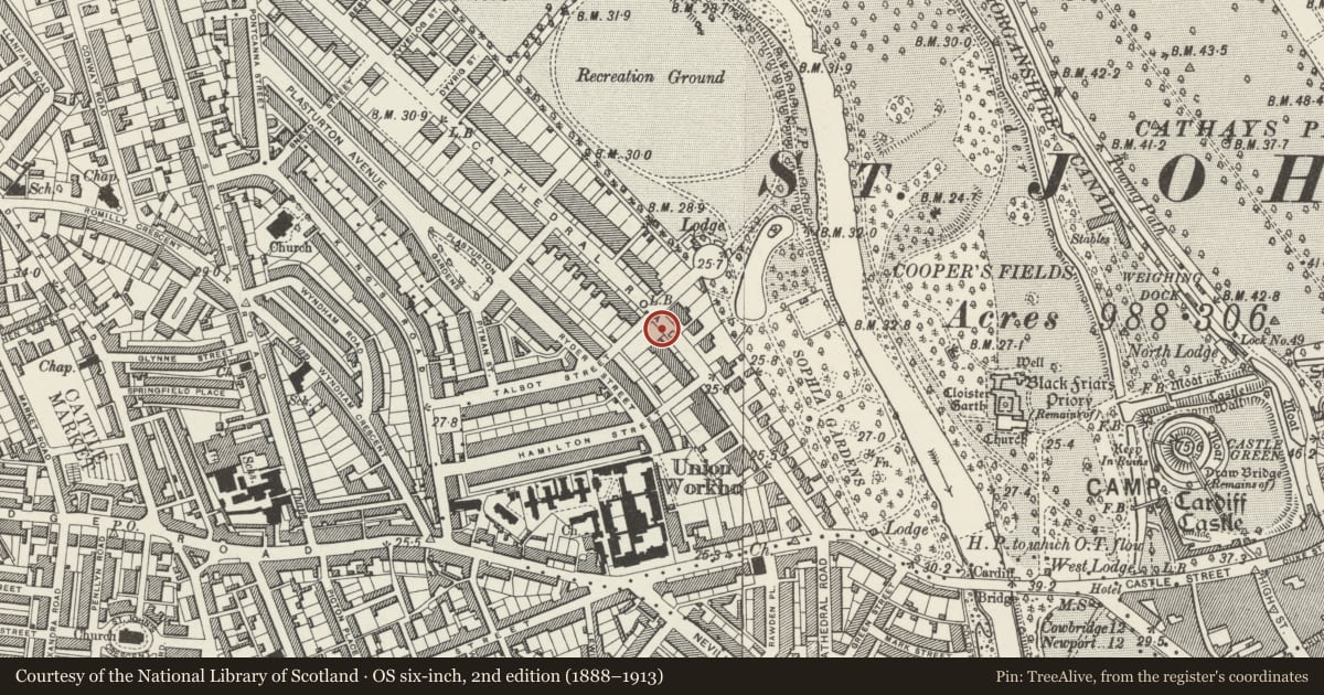 Ordnance Survey six-inch map, 2nd edition (1888–1913) covering the location of Telephone Call-box outside No.39A, Pontcanna, Cardiff, with a pin at the register's coordinates