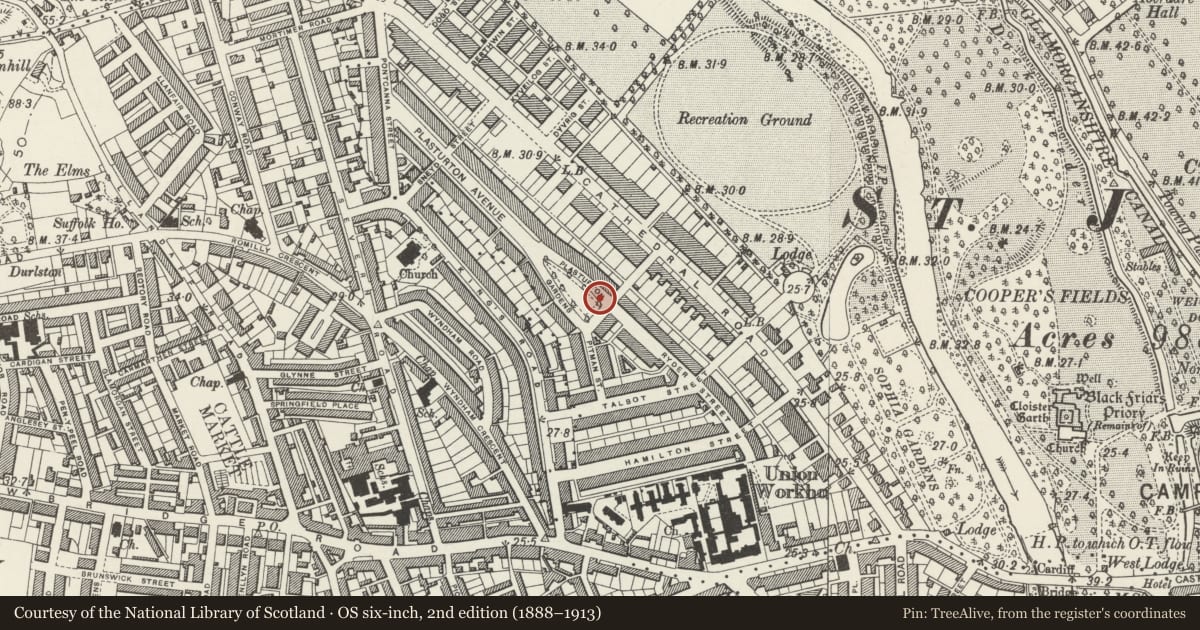Ordnance Survey six-inch map, 2nd edition (1888–1913) covering the location of Telephone Call-box on the east side of the central gardens, Pontcanna, Cardiff, with a pin at the register's coordinates