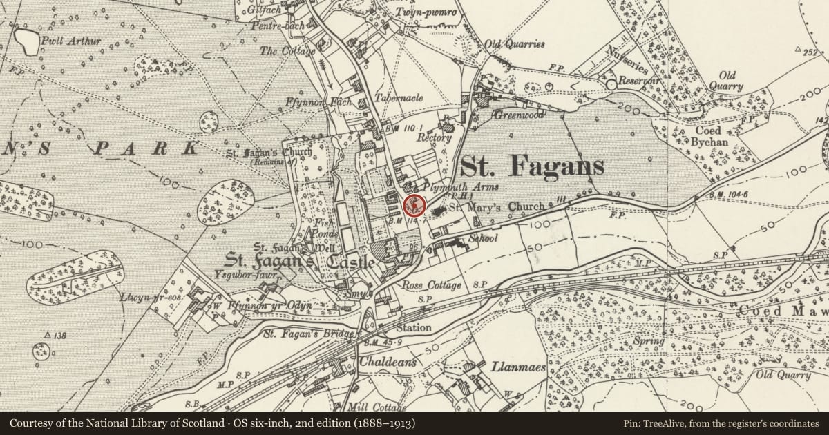 Ordnance Survey six-inch map, 2nd edition (1888–1913) covering the location of Telephone Call-box adjoining Old Post Office, St. Fagans, Cardiff, with a pin at the register's coordinates