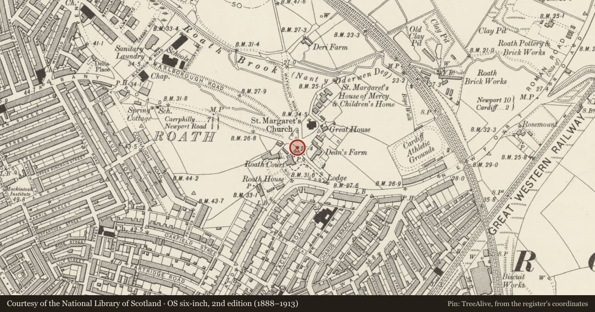 Ordnance Survey six-inch map, 2nd edition (1888–1913) covering the location of Telephone call box adjoining boundary wall of Roath Court, Cardiff, with a pin at the register's coordinates