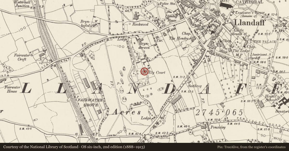 Ordnance Survey six-inch map, 2nd edition (1888–1913) covering the location of Insole Court, Llandaff, Cardiff, with a pin at the register's coordinates