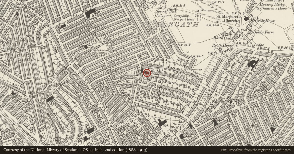 Ordnance Survey six-inch map, 2nd edition (1888–1913) covering the location of Church of St Anne, Roath, Cardiff, with a pin at the register's coordinates