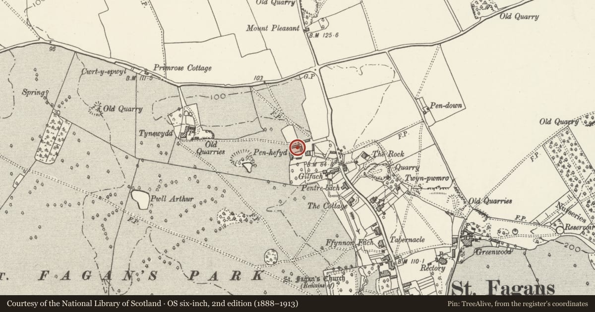 Ordnance Survey six-inch map, 2nd edition (1888–1913) covering the location of Cowhouse at Pen-hefyd Farm, St. Fagans, Cardiff, with a pin at the register's coordinates