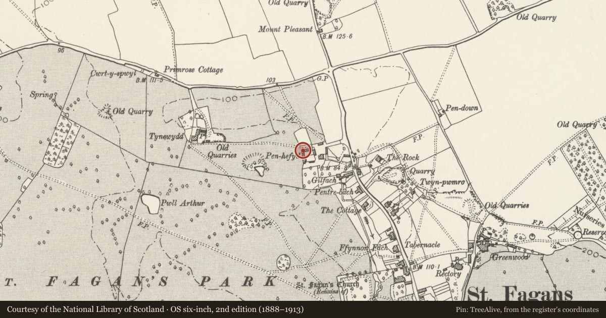 Ordnance Survey six-inch map, 2nd edition (1888–1913) covering the location of L-shaped Farmyard Range between Barn and Cowhouse at Pen-hefyd Farm, St. Fagans, Cardiff, with a pin at the register's coordinates