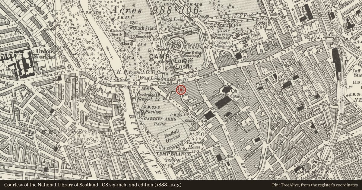 Ordnance Survey six-inch map, 2nd edition (1888–1913) covering the location of 5 Womanby Street, Castle, Cardiff, with a pin at the register's coordinates