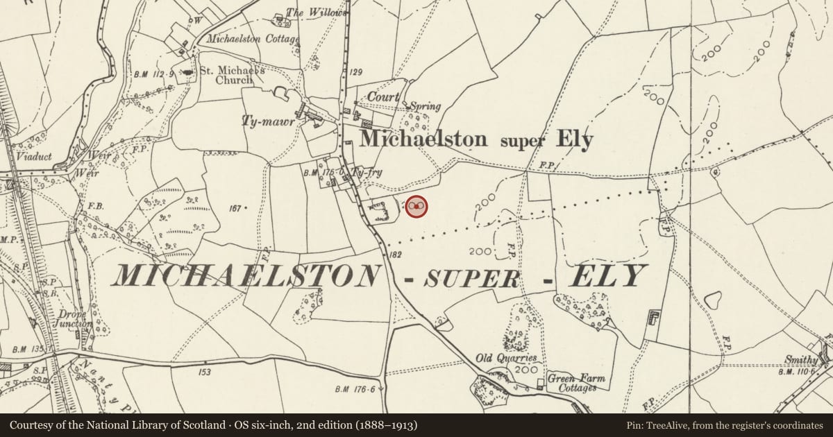 Ordnance Survey six-inch map, 2nd edition (1888–1913) covering the location of St. Fagans Court (also known as The Court), Cardiff, with a pin at the register's coordinates