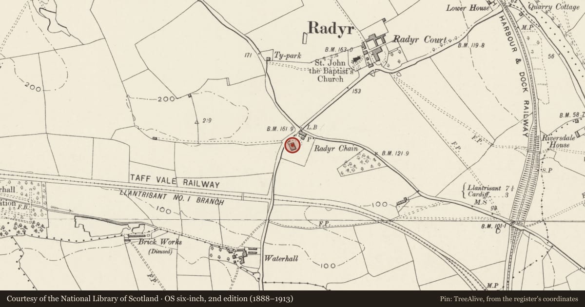 Ordnance Survey six-inch map, 2nd edition (1888–1913) covering the location of Radyr Chain, Fairwater, Cardiff, with a pin at the register's coordinates