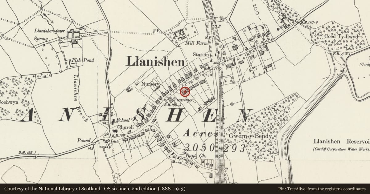 Ordnance Survey six-inch map, 2nd edition (1888–1913) covering the location of Hill House, Llanishen, Cardiff, with a pin at the register's coordinates