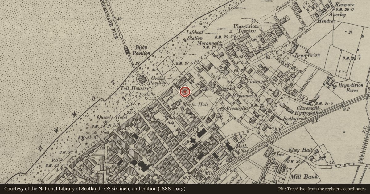 Ordnance Survey six-inch map, 2nd edition (1888–1913) covering the location of The Gables, Rhyl, Denbighshire, with a pin at the register's coordinates