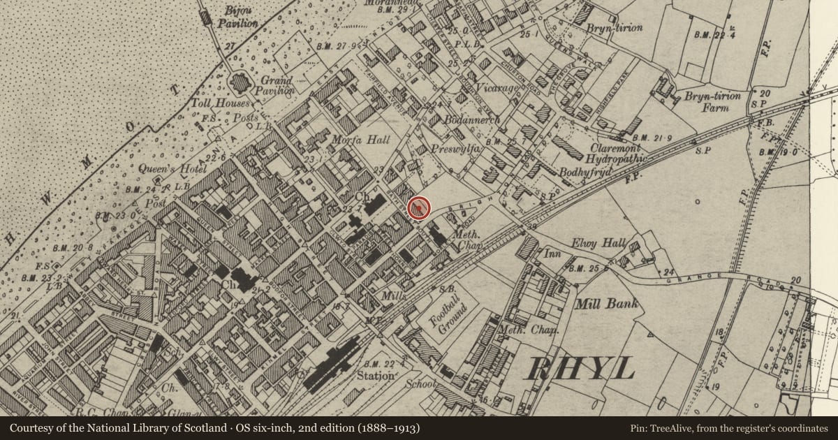 Ordnance Survey six-inch map, 2nd edition (1888–1913) covering the location of 48 Bath Street, Rhyl, Denbighshire, with a pin at the register's coordinates