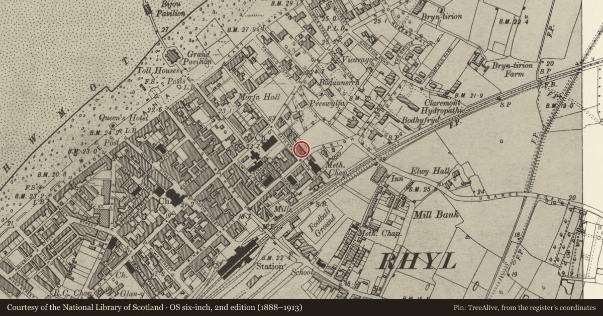 Ordnance Survey six-inch map, 2nd edition (1888–1913) covering the location of 50 Bath Street, Rhyl, Denbighshire, with a pin at the register's coordinates