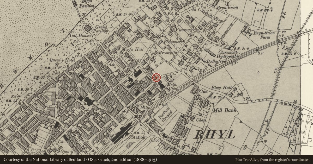 Ordnance Survey six-inch map, 2nd edition (1888–1913) covering the location of Bellevue Terrace, Rhyl, Denbighshire, with a pin at the register's coordinates