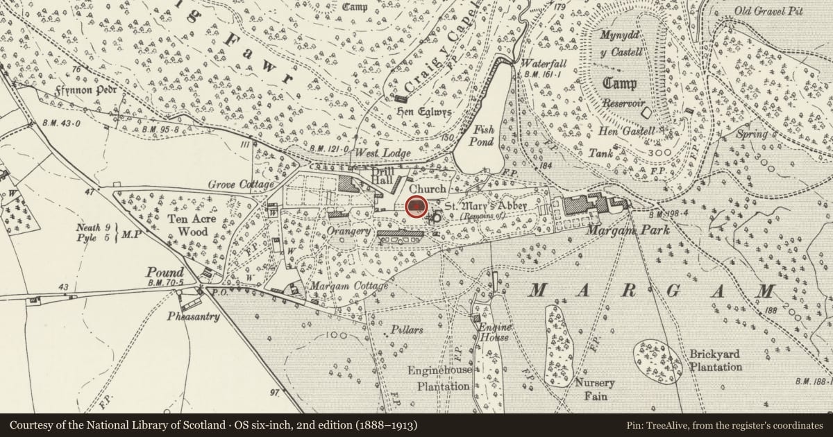 Ordnance Survey six-inch map, 2nd edition (1888–1913) covering the location of St Mary's Abbey Church, Margam, Neath Port Talbot, with a pin at the register's coordinates