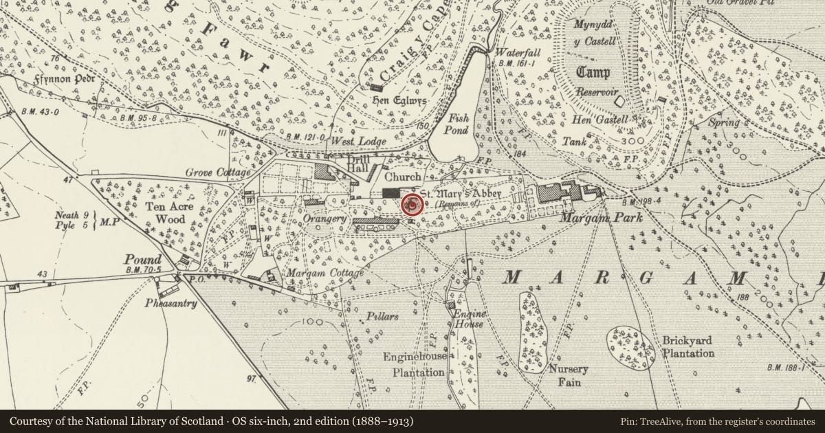 Ordnance Survey six-inch map, 2nd edition (1888–1913) covering the location of Ruins of Chapter House and Vestibule of St Mary's Abbey, Margam, Neath Port Talbot, with a pin at the register's coordinates