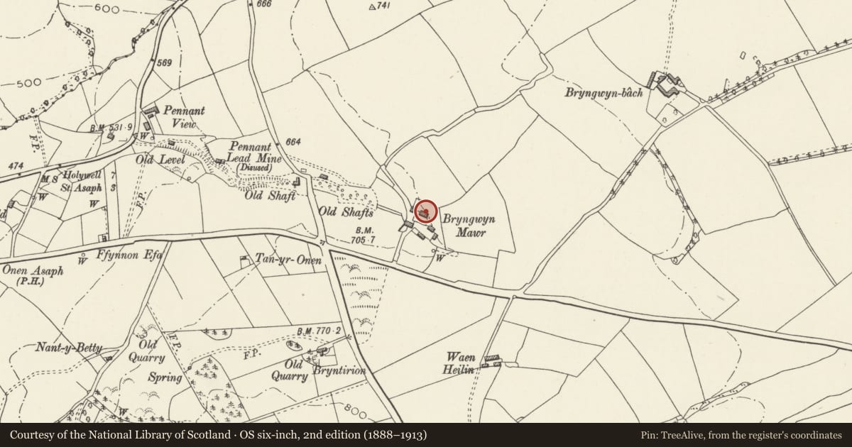 Ordnance Survey six-inch map, 2nd edition (1888–1913) covering the location of Bryngwyn-mawr Farmhouse, Tremeirchion, Denbighshire, with a pin at the register's coordinates