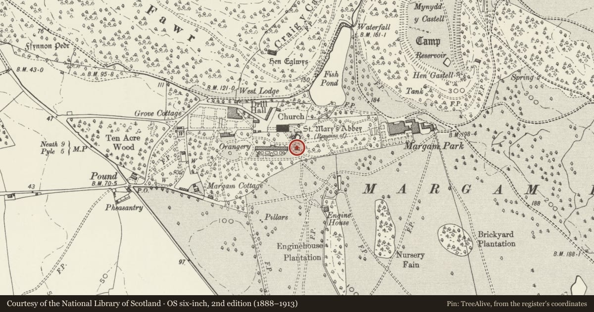 Ordnance Survey six-inch map, 2nd edition (1888–1913) covering the location of Ruined Undercroft at St Mary's Abbey, Margam, Neath Port Talbot, with a pin at the register's coordinates