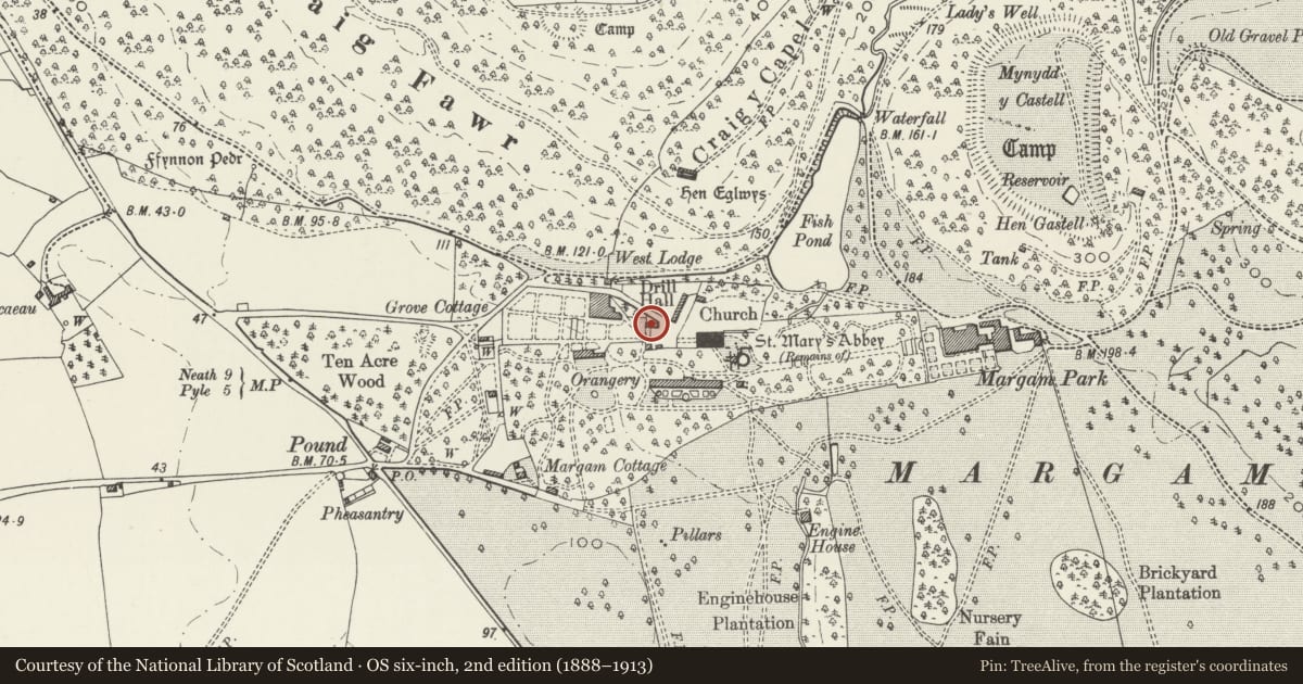 Ordnance Survey six-inch map, 2nd edition (1888–1913) covering the location of Almshouses, Margam, Neath Port Talbot, with a pin at the register's coordinates