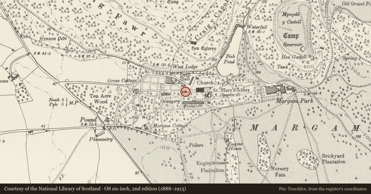 Ordnance Survey six-inch map, 2nd edition (1888–1913) covering the location of Ivy Cottage including Facade of Former Banqueting House, Margam, Neath Port Talbot, with a pin at the register's coordinates
