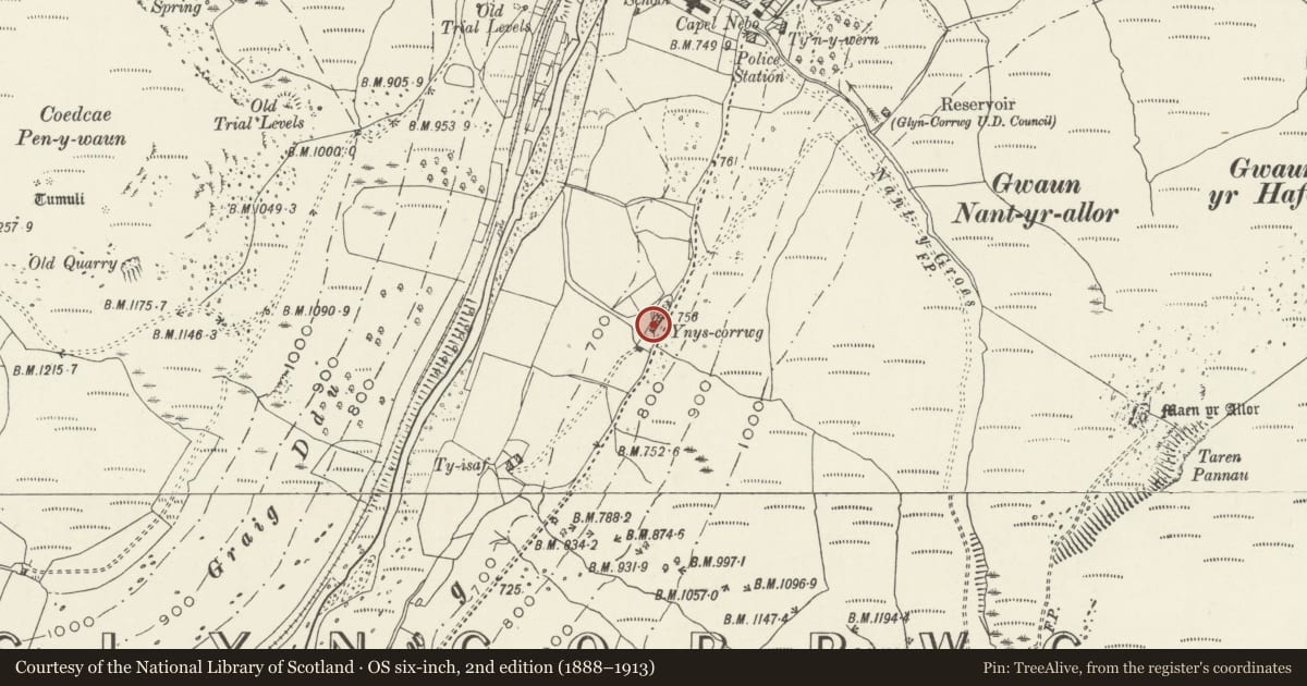 Ordnance Survey six-inch map, 2nd edition (1888–1913) covering the location of Ynys Corrwg Farm, Glyncorrwg, Neath Port Talbot, with a pin at the register's coordinates
