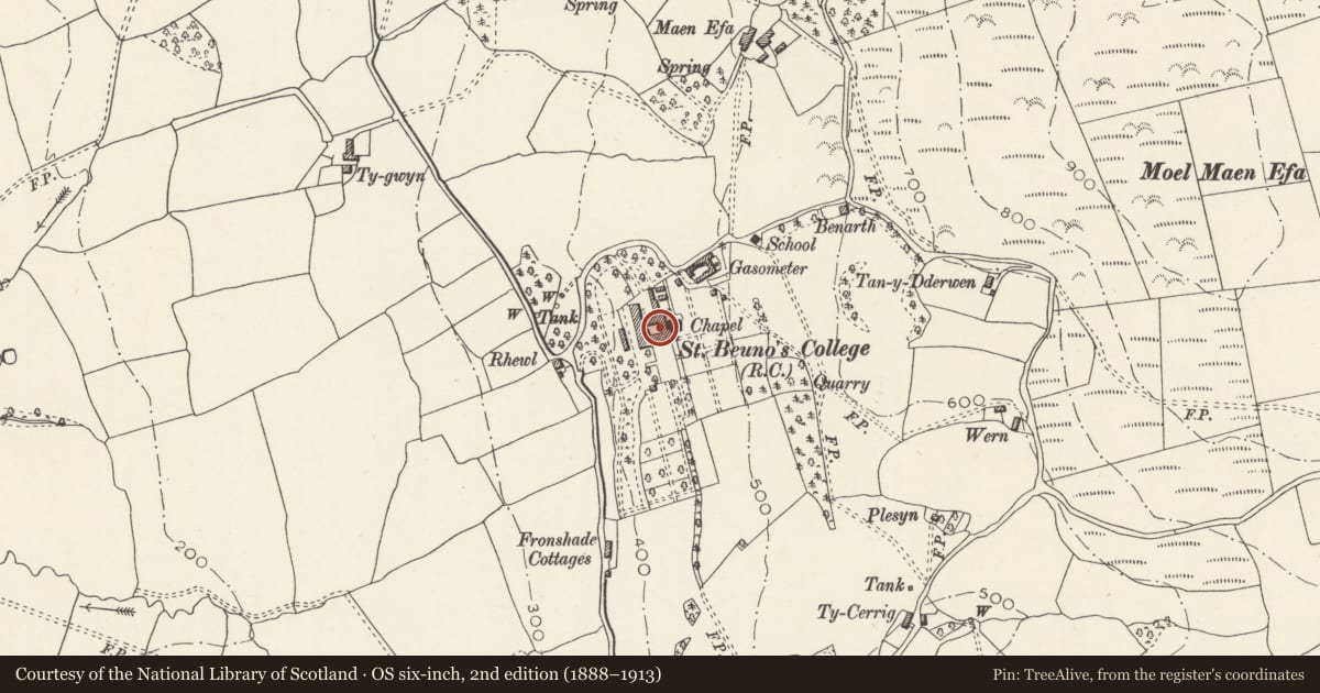Ordnance Survey six-inch map, 2nd edition (1888–1913) covering the location of The Tremeirchion Cross, Denbighshire, with a pin at the register's coordinates