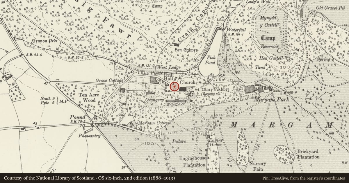 Ordnance Survey six-inch map, 2nd edition (1888–1913) covering the location of Churchyard Walls and Gate Piers to St Mary's Abbey Church, Margam, Neath Port Talbot, with a pin at the register's coordinates