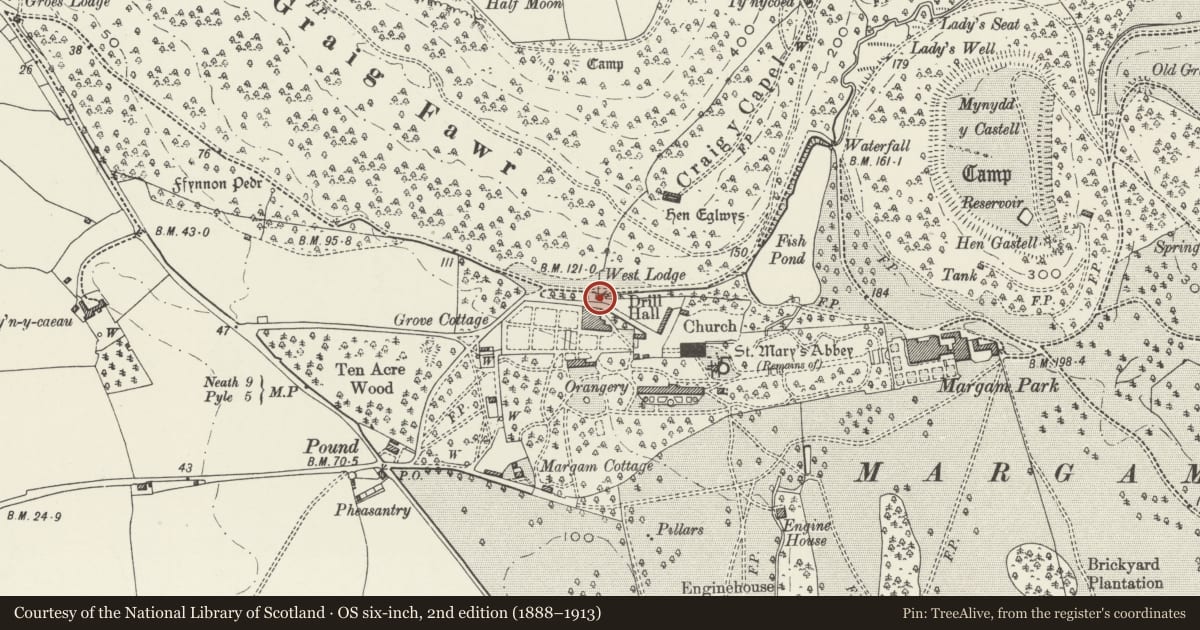 Ordnance Survey six-inch map, 2nd edition (1888–1913) covering the location of Middle Lodge, Margam, Neath Port Talbot, with a pin at the register's coordinates