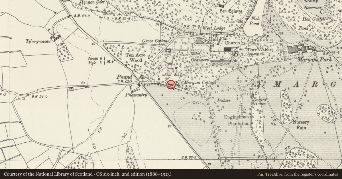 Ordnance Survey six-inch map, 2nd edition (1888–1913) covering the location of Cwm Cottage, Margam, Neath Port Talbot, with a pin at the register's coordinates