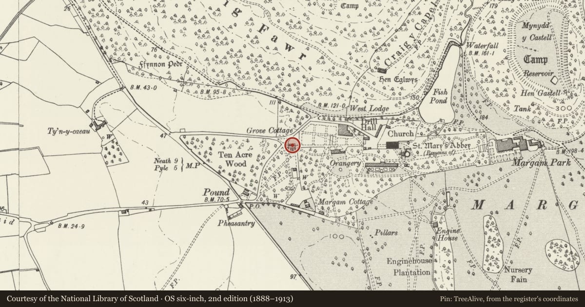 Ordnance Survey six-inch map, 2nd edition (1888–1913) covering the location of 2 Grove Cottages, Margam, Neath Port Talbot, with a pin at the register's coordinates