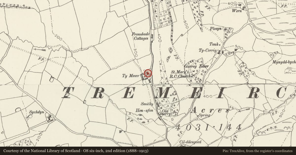 Ordnance Survey six-inch map, 2nd edition (1888–1913) covering the location of Ty-mawr Farmhouse, Tremeirchion, Denbighshire, with a pin at the register's coordinates