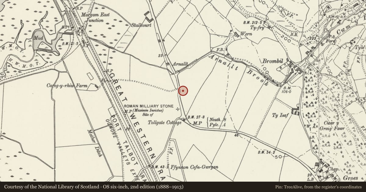 Ordnance Survey six-inch map, 2nd edition (1888–1913) covering the location of Beulah Calvinistic Methodist Chapel, Margam, Neath Port Talbot, with a pin at the register's coordinates