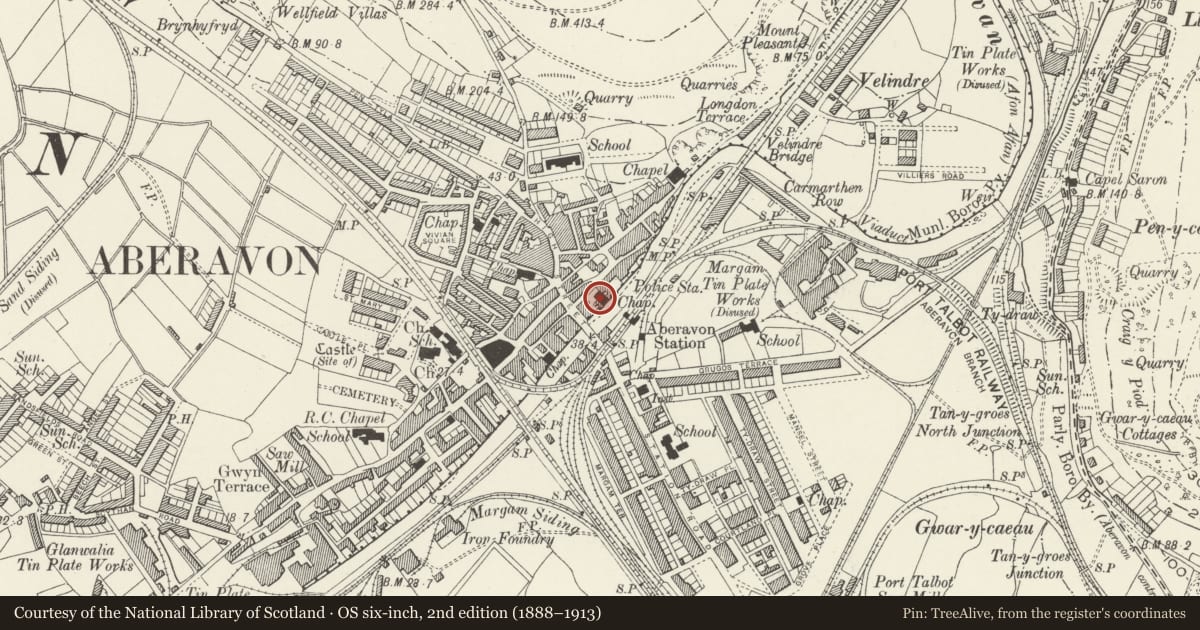Ordnance Survey six-inch map, 2nd edition (1888–1913) covering the location of Ebenezer Chapel, Aberavon, Neath Port Talbot, with a pin at the register's coordinates