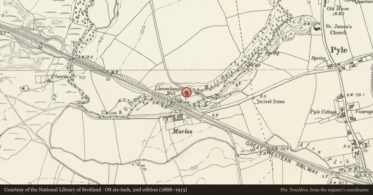 Ordnance Survey six-inch map, 2nd edition (1888–1913) covering the location of Llanmihangel Mill, Margam, Neath Port Talbot, with a pin at the register's coordinates