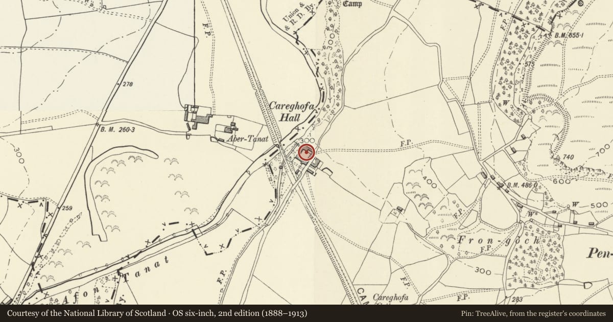 Ordnance Survey six-inch map, 2nd edition (1888–1913) covering the location of Outbuildings Ranges to N. of Carreghofa Hall, Powys, with a pin at the register's coordinates