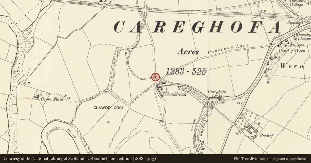 Ordnance Survey six-inch map, 2nd edition (1888–1913) covering the location of Western Bridge over Tanat Feede to N of Clawdd-Coch, Carreghofa, Powys, with a pin at the register's coordinates