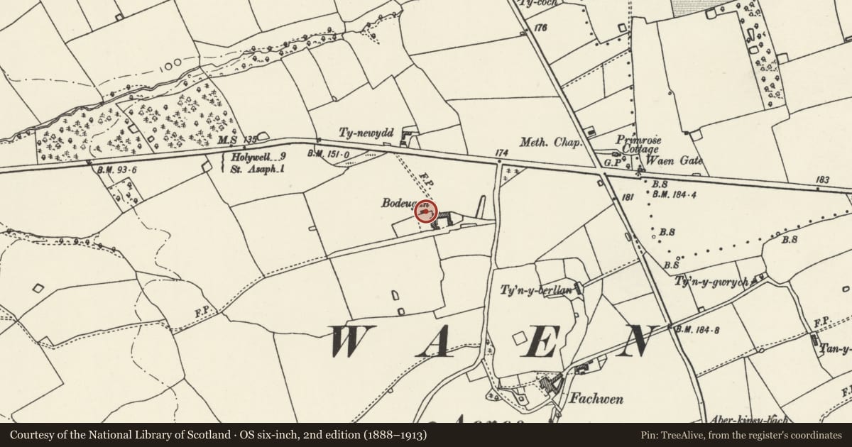 Ordnance Survey six-inch map, 2nd edition (1888–1913) covering the location of Dovecote at Bodeugan Farm, Waen, Denbighshire, with a pin at the register's coordinates