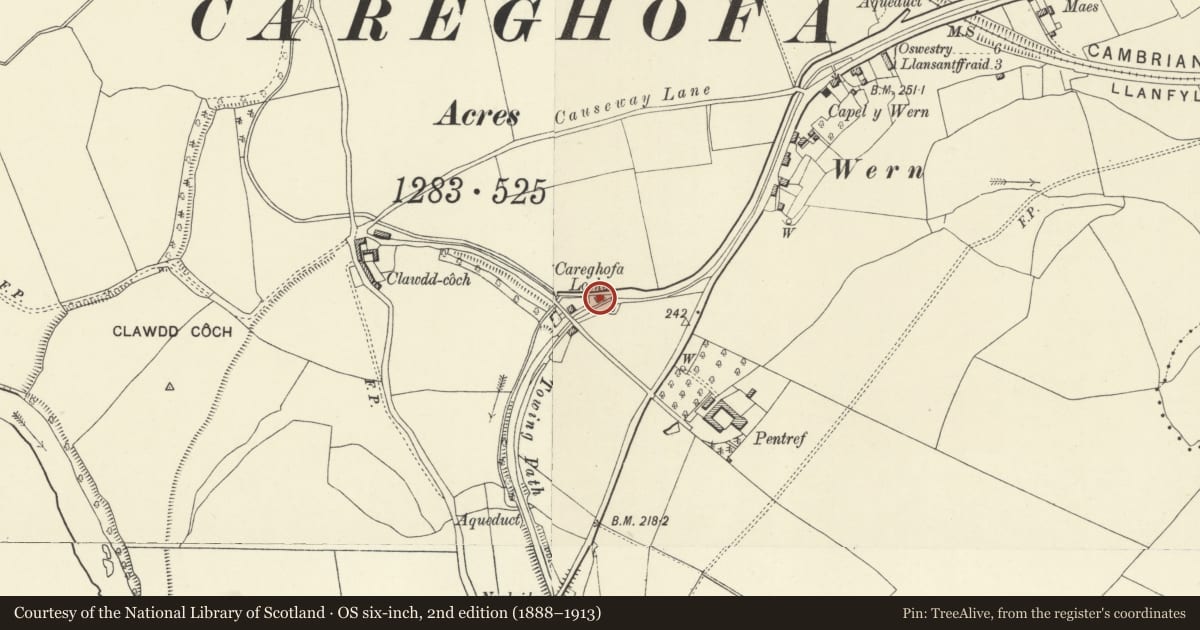 Ordnance Survey six-inch map, 2nd edition (1888–1913) covering the location of Toll Gauger's Hut to E of No 1 The Locks, Carreghofa, Powys, with a pin at the register's coordinates