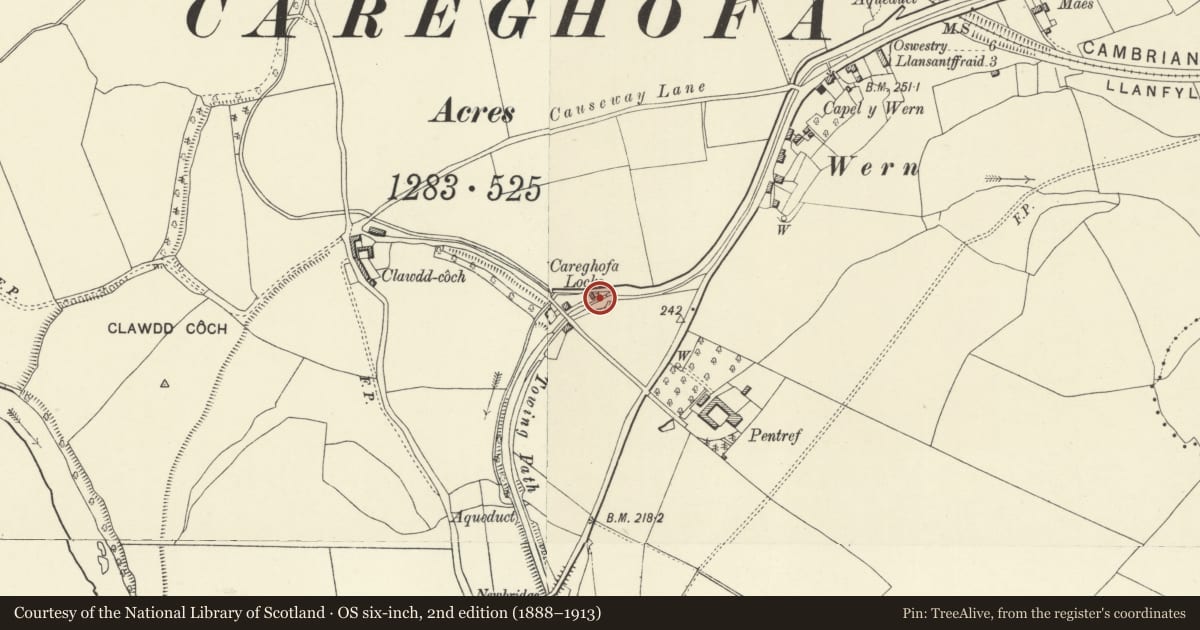 Ordnance Survey six-inch map, 2nd edition (1888–1913) covering the location of Upper Lock Chamber, Carreghofa, Powys, with a pin at the register's coordinates
