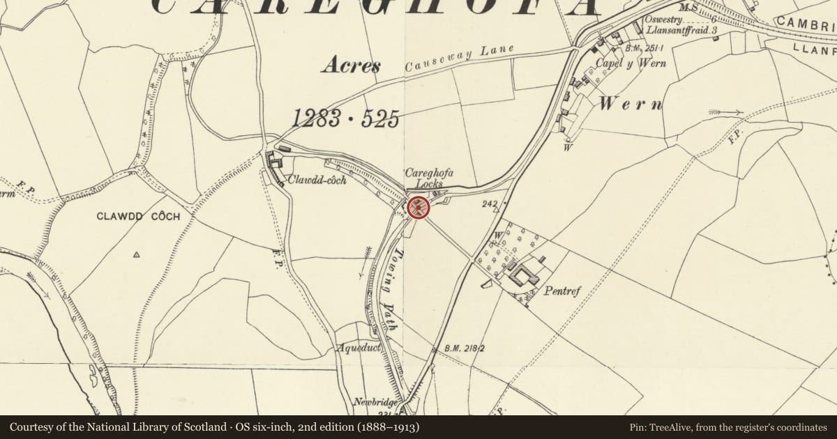 Ordnance Survey six-inch map, 2nd edition (1888–1913) covering the location of Bridge 95 over the Montgomeryshire Canal adjoining No 1 The Locks, Carreghofa, Powys, with a pin at the register's coordinates