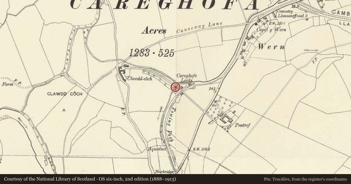 Ordnance Survey six-inch map, 2nd edition (1888–1913) covering the location of By-Pass Culvert and Overflow, Carreghofa, Powys, with a pin at the register's coordinates