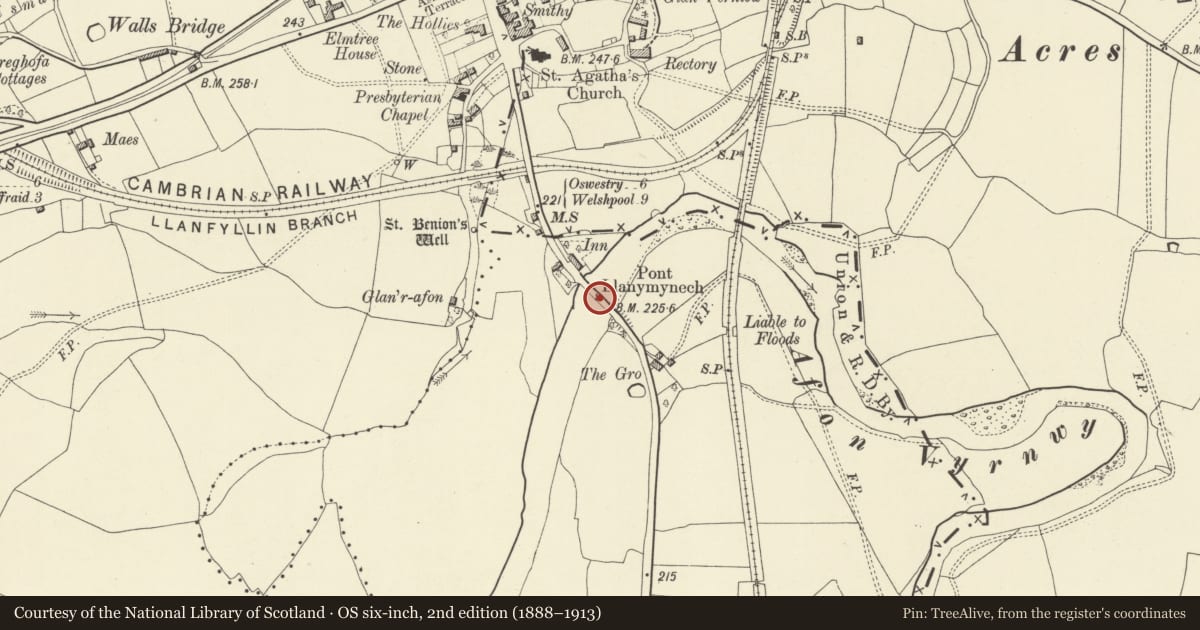Ordnance Survey six-inch map, 2nd edition (1888–1913) covering the location of Pont Llanymynech, Llandysilio, Powys, with a pin at the register's coordinates