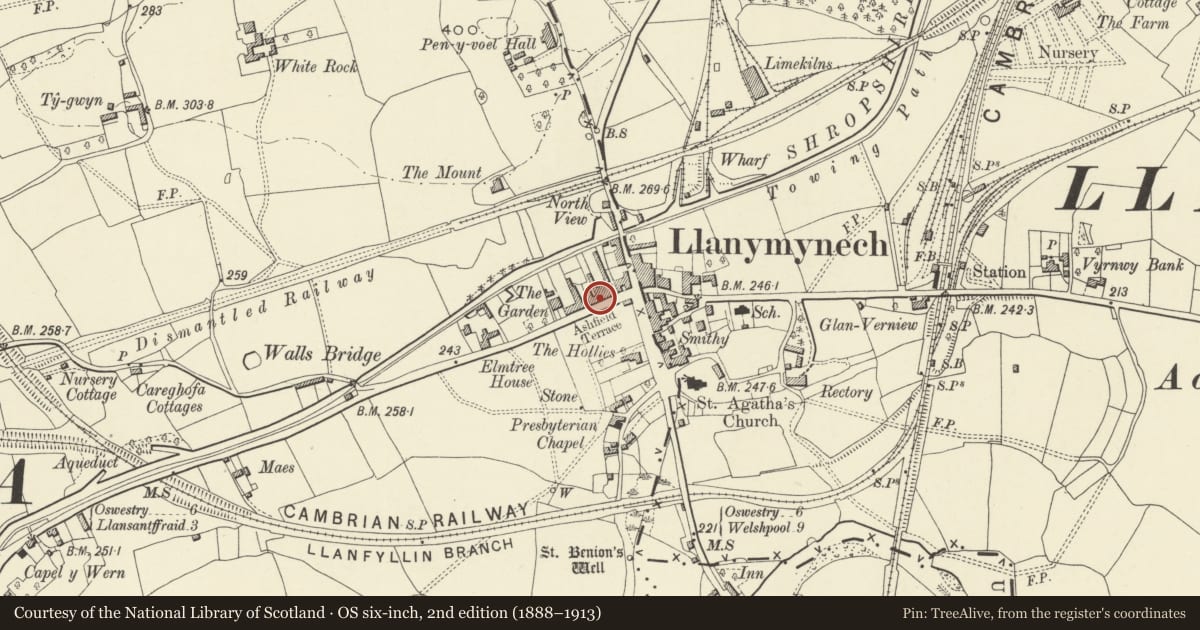 Ordnance Survey six-inch map, 2nd edition (1888–1913) covering the location of Ashfield Stores, Carreghofa, Powys, with a pin at the register's coordinates