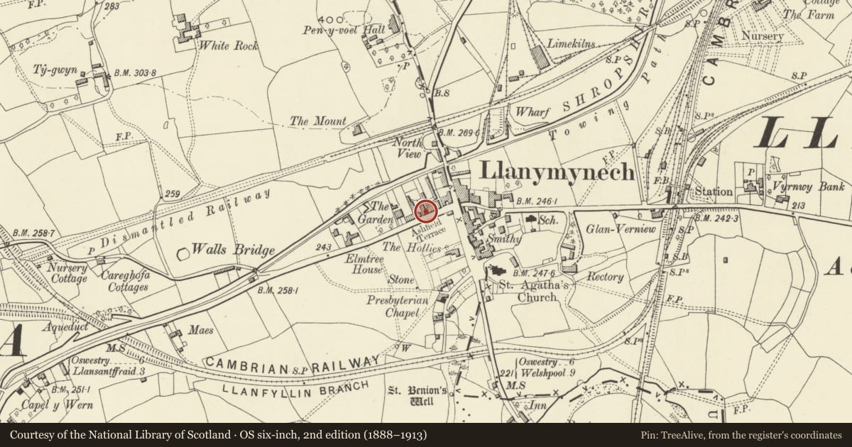 Ordnance Survey six-inch map, 2nd edition (1888–1913) covering the location of Giulio's Restaurant, Carreghofa, Powys, with a pin at the register's coordinates