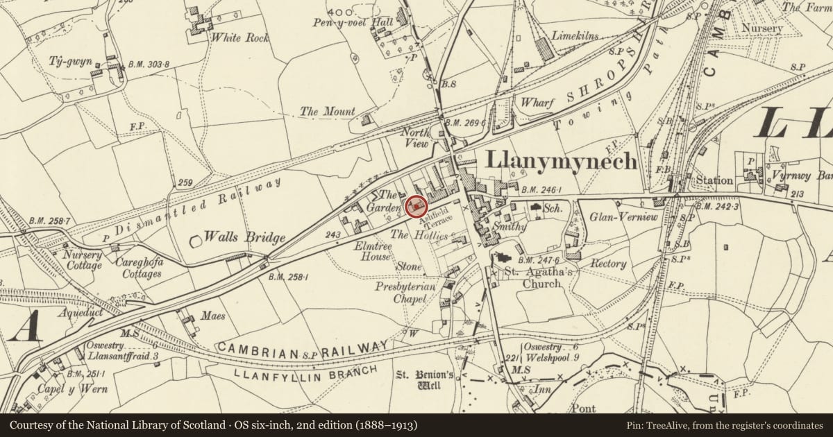 Ordnance Survey six-inch map, 2nd edition (1888–1913) covering the location of Nos 1-7 (Consec) Ashfield Terrace, Carreghofa, Powys, with a pin at the register's coordinates