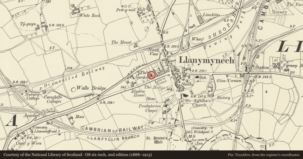 Ordnance Survey six-inch map, 2nd edition (1888–1913) covering the location of No 1 The Gardd including outbuilding to rear, Carreghofa, Powys, with a pin at the register's coordinates