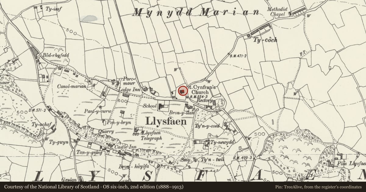 Ordnance Survey six-inch map, 2nd edition (1888–1913) covering the location of Parish Church of St. Cynfran, Llysfaen, Conwy, with a pin at the register's coordinates