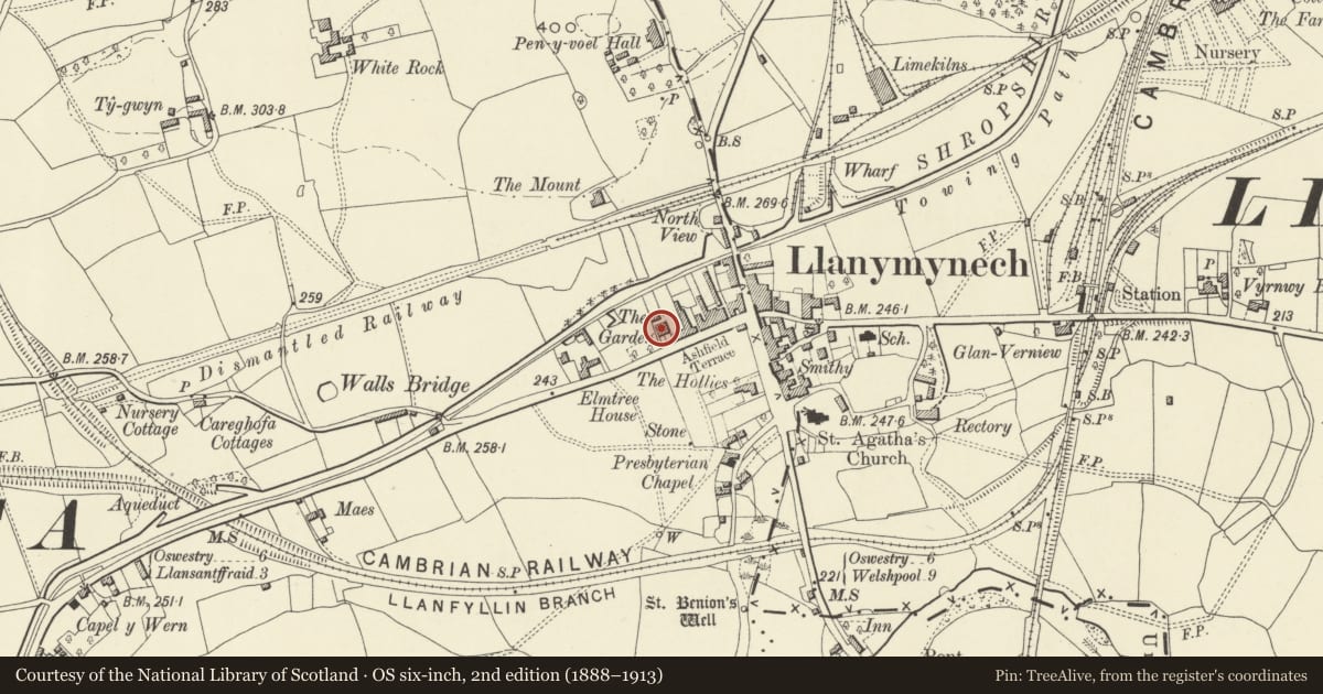 Ordnance Survey six-inch map, 2nd edition (1888–1913) covering the location of No 2 The Gardd including outbuilding to rear, Carreghofa, Powys, with a pin at the register's coordinates