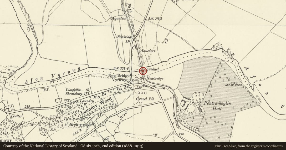 Ordnance Survey six-inch map, 2nd edition (1888–1913) covering the location of Aqueduct carrying Montgomeryshire Canal over River Vyrnwy, Carreghofa, Powys, with a pin at the register's coordinates