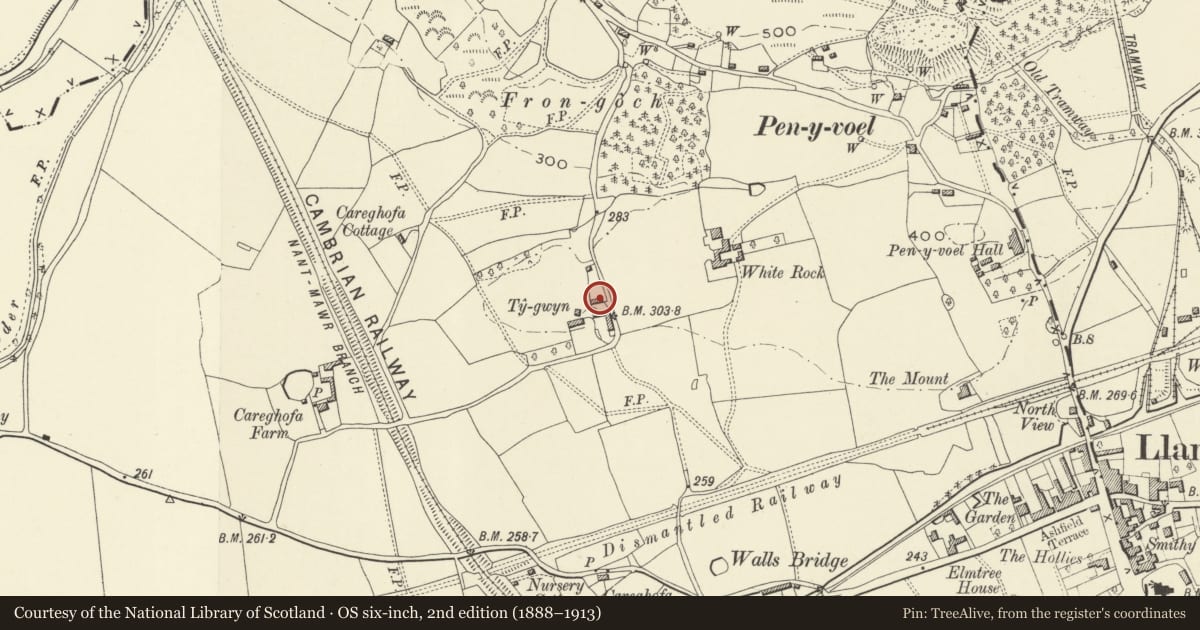 Ordnance Survey six-inch map, 2nd edition (1888–1913) covering the location of Farm Ranges to East of Ty-Gwyn Farmhouse, Carreghofa, Powys, with a pin at the register's coordinates