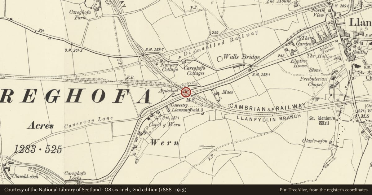 Ordnance Survey six-inch map, 2nd edition (1888–1913) covering the location of Carreghofa Aqueduct parallel to the Public Road 700m West of Llanymynech, Powys, with a pin at the register's coordinates